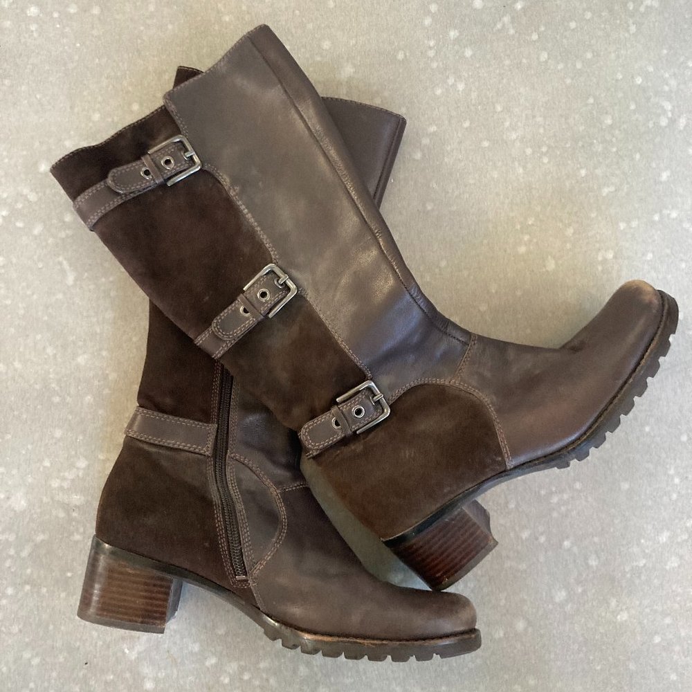 ECCO Dark Brown Boots, Suede + Leather 3-Buckle